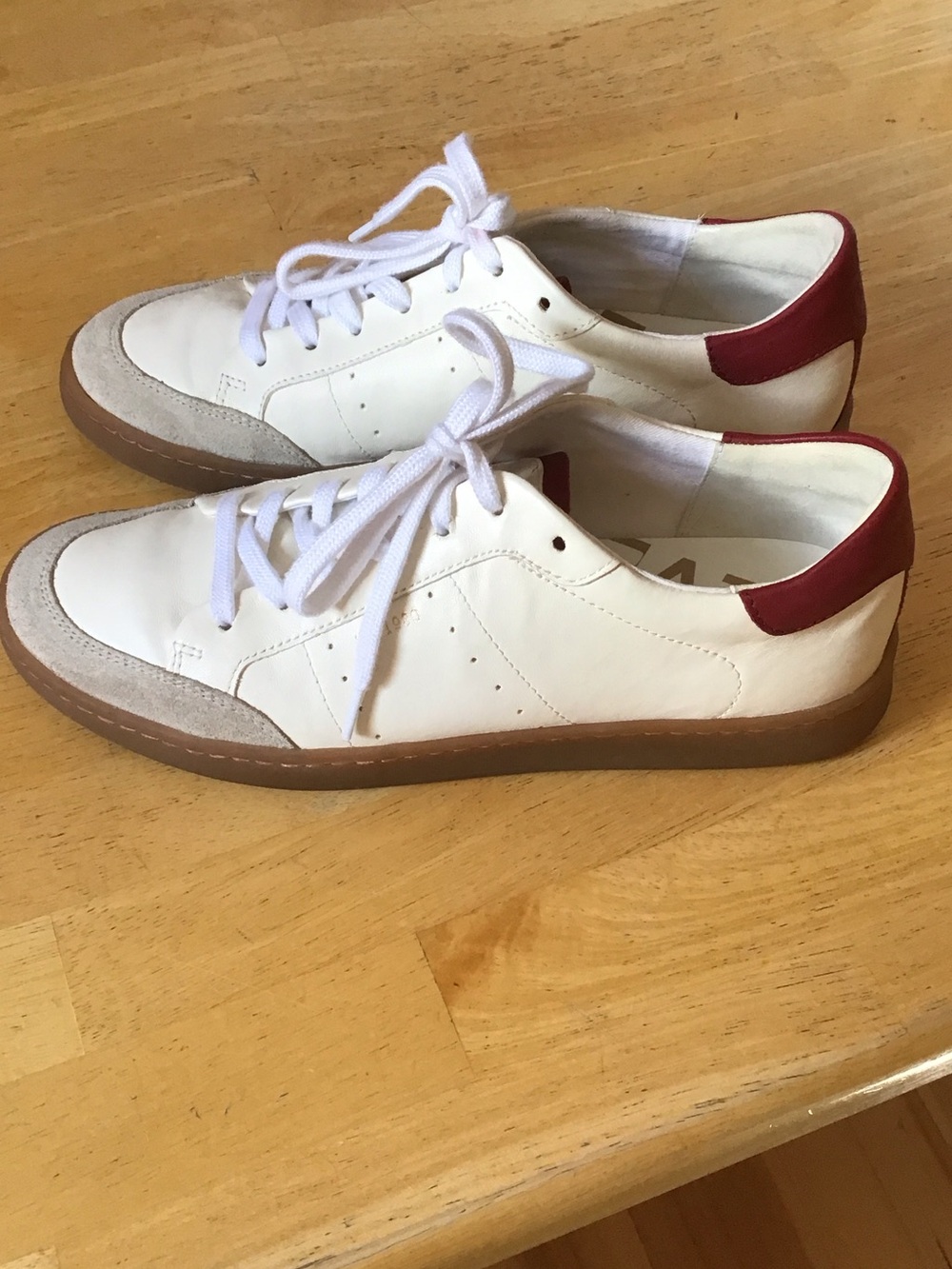 Sam Edelman Cream Leather Sneakers with Gray Suede and Burgundy Heel accents - Picture 3 of 6